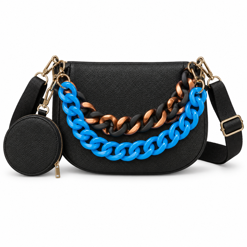 Black Woven Crossbody Bag with Dual Chains